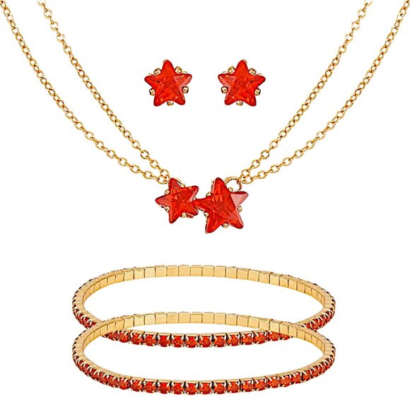 GUESS Red CZ Star Pendant Necklace, Double Stretch Bracelet & Stud Earrings Set - Picture 2 of 8